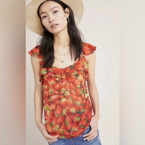 ANTHROPOLOGIE Ruffled Strawberry Top Printed Chiffon Red Blouse Pullover Tank - Picture 2 of 9
